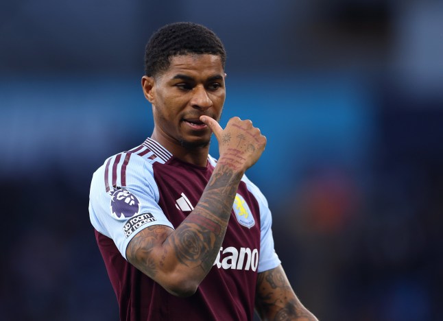 MANCHESTER, ENGLAND - APRIL 22: Marcus Rashford of Aston Villa looks on during the Premier League match between Manchester City FC and Aston Villa FC at Etihad Stadium on April 22, 2025 in Manchester, England. (Photo by Molly Darlington/Copa/Getty Images)