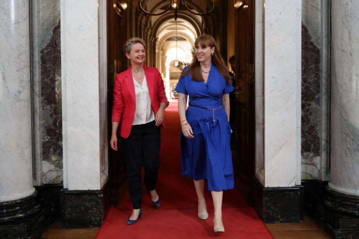 Angela Rayner and Yvette Cooper walk during the European Political Community summit at Blenheim Palace on July 18, 2024 in Woodstock, England.
